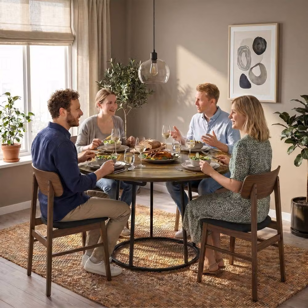 STILVORA Rustic Round Dining Table for 4-6 Adults in Brown with Black Metal Base, Diameter: 120 cm – 7