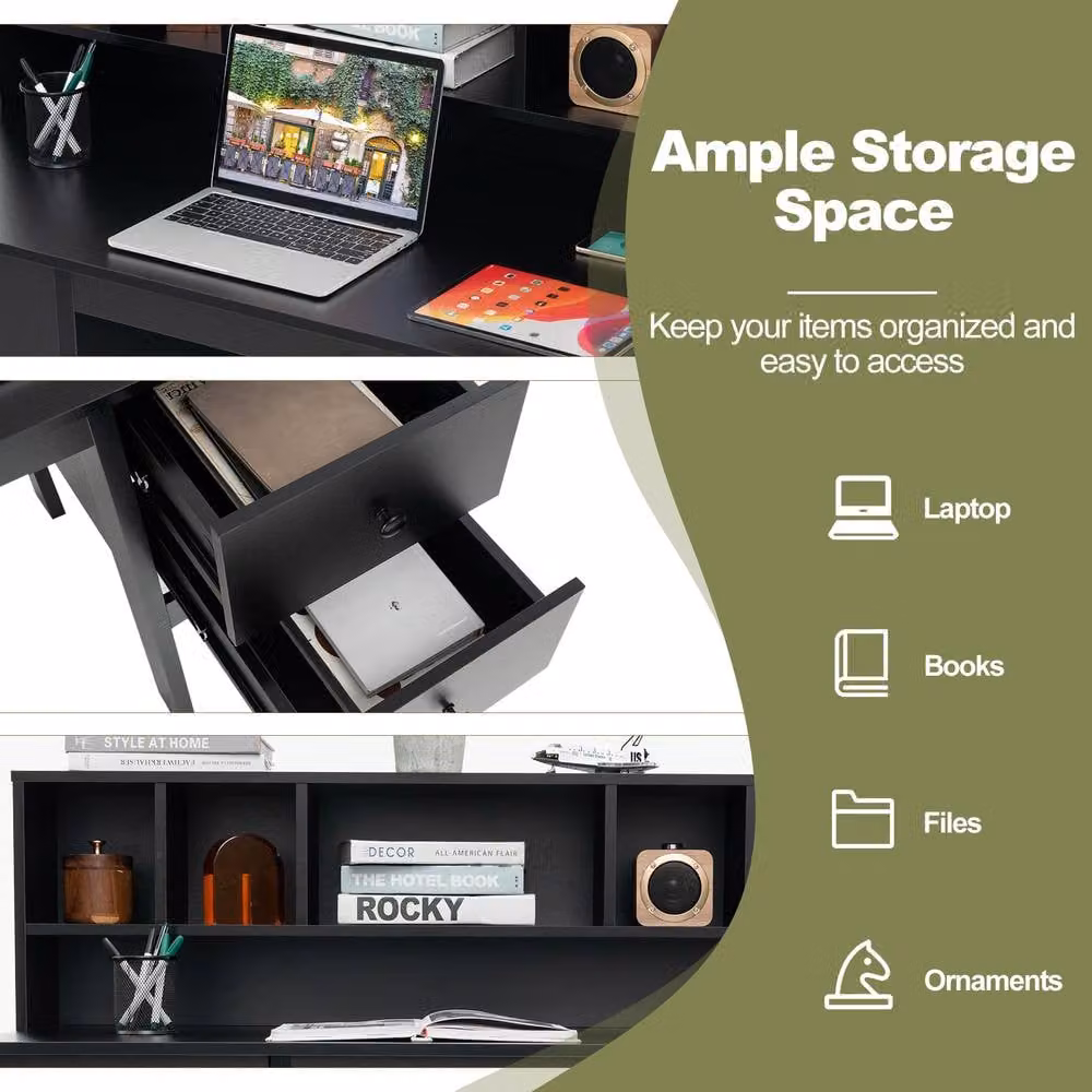 Costway Black Computer Desk with Power Outlets and Drawers, 120 cm Width – 5
