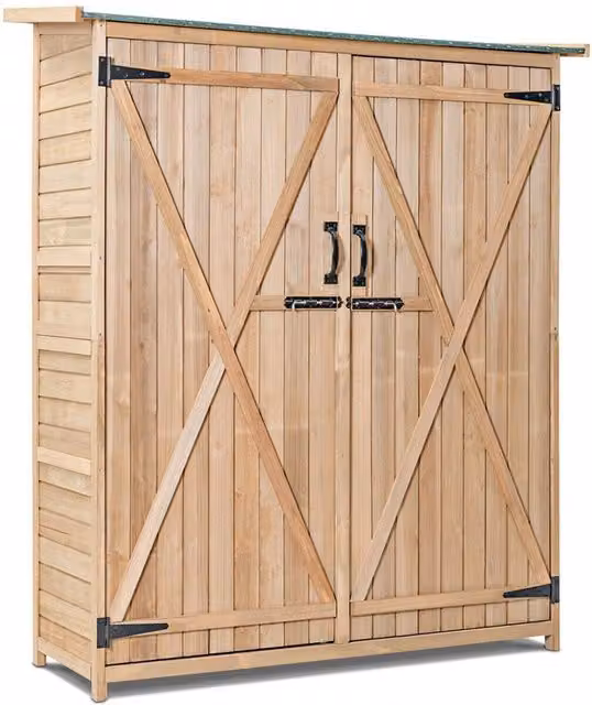 COSTWAY Rustic Wood Outdoor Storage Shed with Double Doors, Shelving and Lock in Brown and Beige
