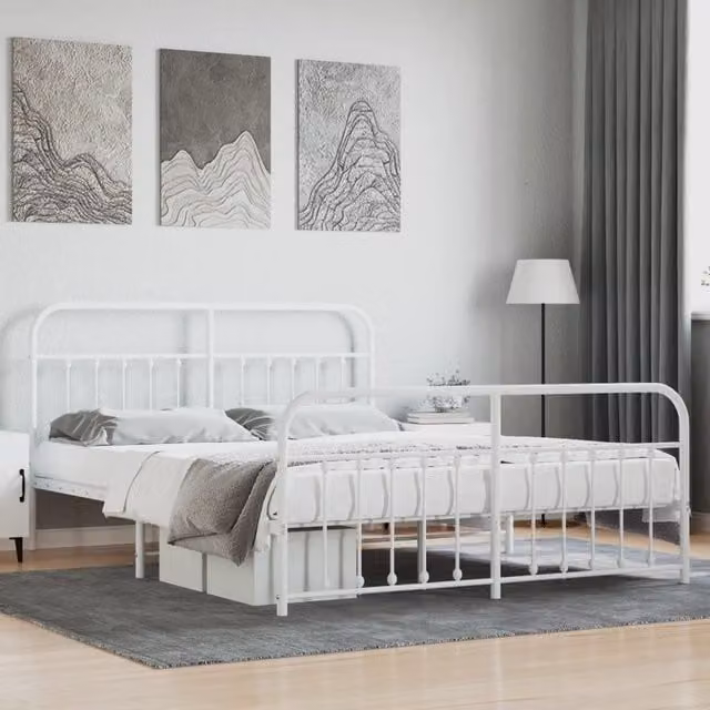 Berkfield Home Metal Bed Frame with Headboard and Footboard in White, W: 183 cm, L: 213 cm