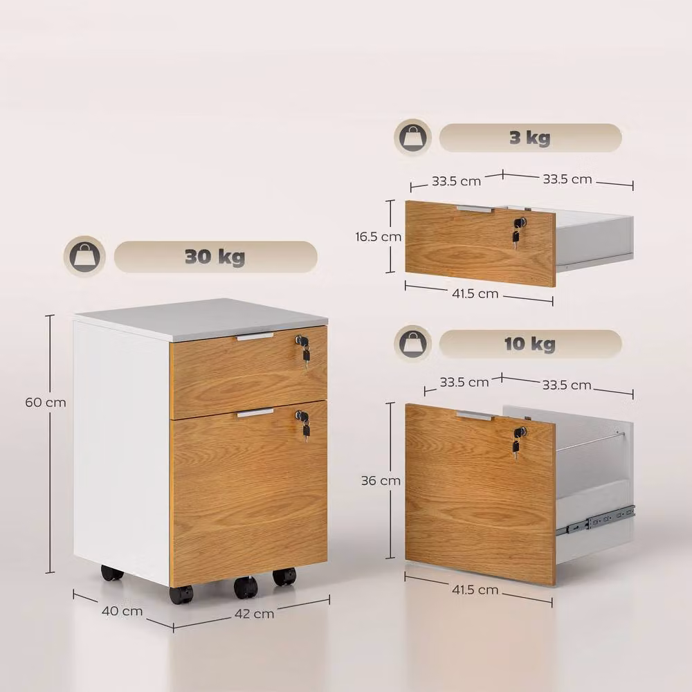 ERGOVEXA Two-Drawer Lockable Filing Cabinet in White and Natural Wood Effect, W/D/H: 60.0 x 40.0 x 42.0 cm – 2