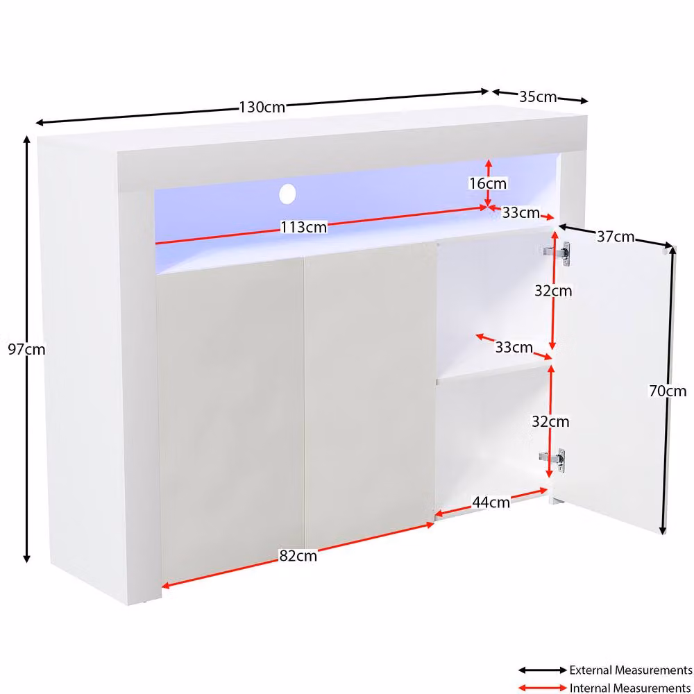HD Designs Nova 3 Door LED Sideboard Cabinet in White, W/D/H: 130 x 97 x 35 cm – 2