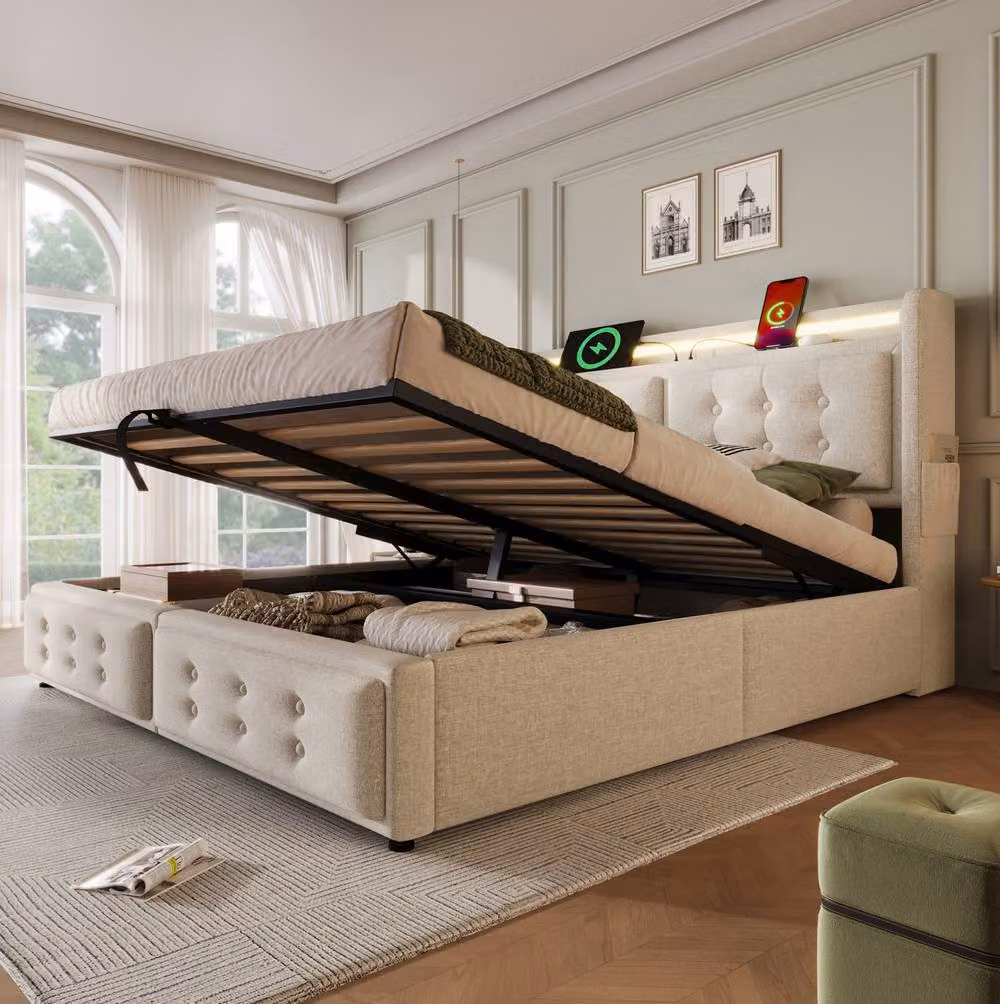 STILVORA Upholstered Bed Frame with LED, USB Charging Port and Bedside Shelf, Beige, W/D/H: 140 x 200 x 135 cm – 3
