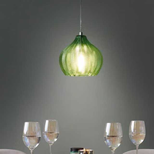 Wyld and Coco Home Retro Green Glass Dome Pendant Lamp with Silver Accents