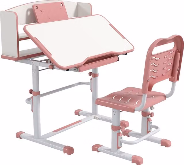 ZONEKIZ Height Adjustable Kids Study Table and Chair Set with Drawer and Storage Shelf, Pink, W: 80 cm, D: 54.5 cm, H: 104 cm