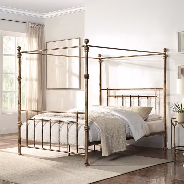 SlumberWorx Vintage Metal Canopy Bed Frame in Gold and Bronze