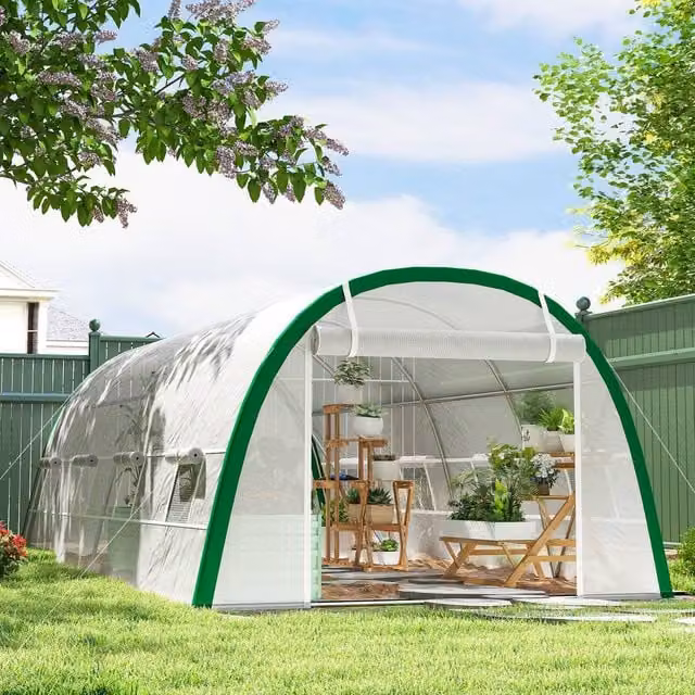OUTSUNNY White Polytunnel Greenhouse Tent with PE Cover and Galvanised Steel Frame
