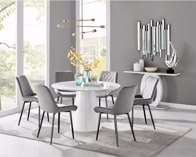 FurnitureboxUK Palma White High Gloss Round Dining Table and 6 Pesaro Black Leg Chairs in Grey