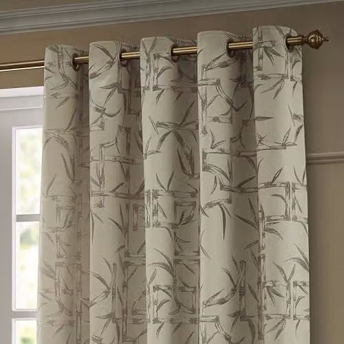 Paoletti Bamboo Jacquard Eyelet Curtain Pair in Champagne/Beige, W: 168 cm, H: 229 cm – 2