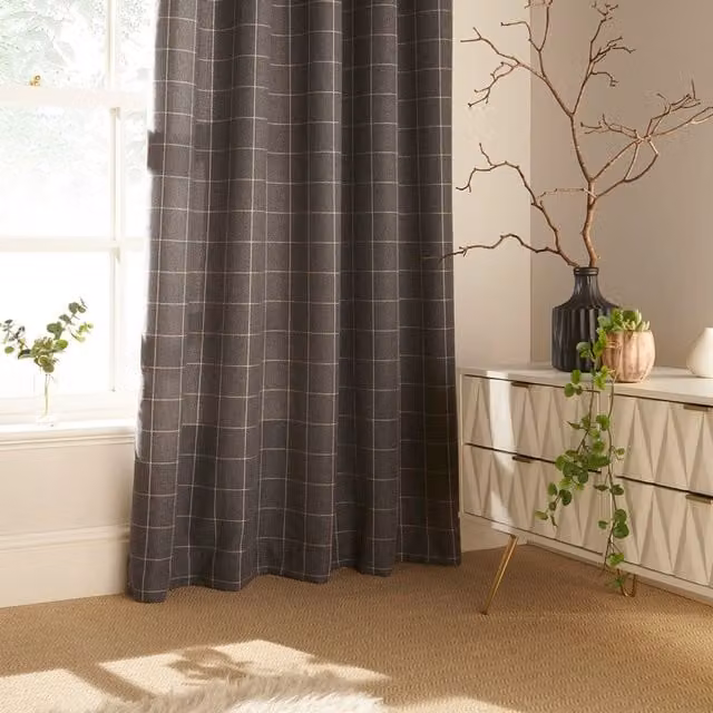 Make It A Home Ellis Check Room Darkening Eyelet Curtain Pair in Grey, W: 137 cm, H: 168 cm
