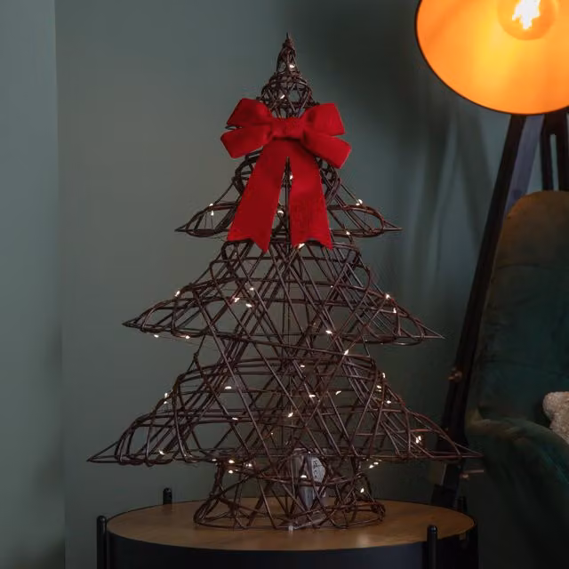 Samuel Alexander 60cm Battery Operated Christmas Tree with Red Bow and 60 Warm White LEDs in Brown – 1
