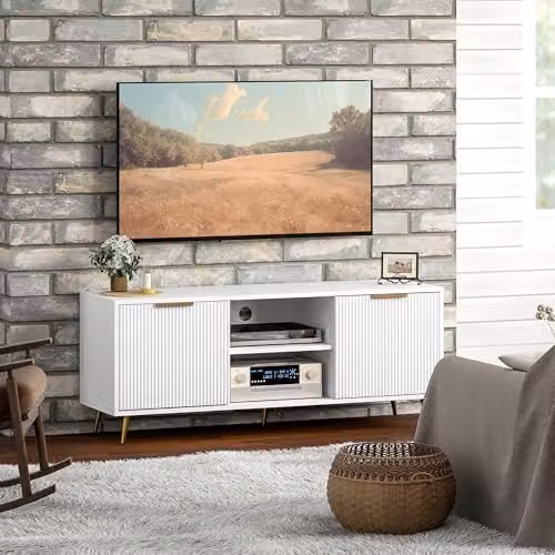 HOMCOM Modern White Fluted TV Stand for TVs up to 55 Inch with Geometric Storage Cabinets – 6