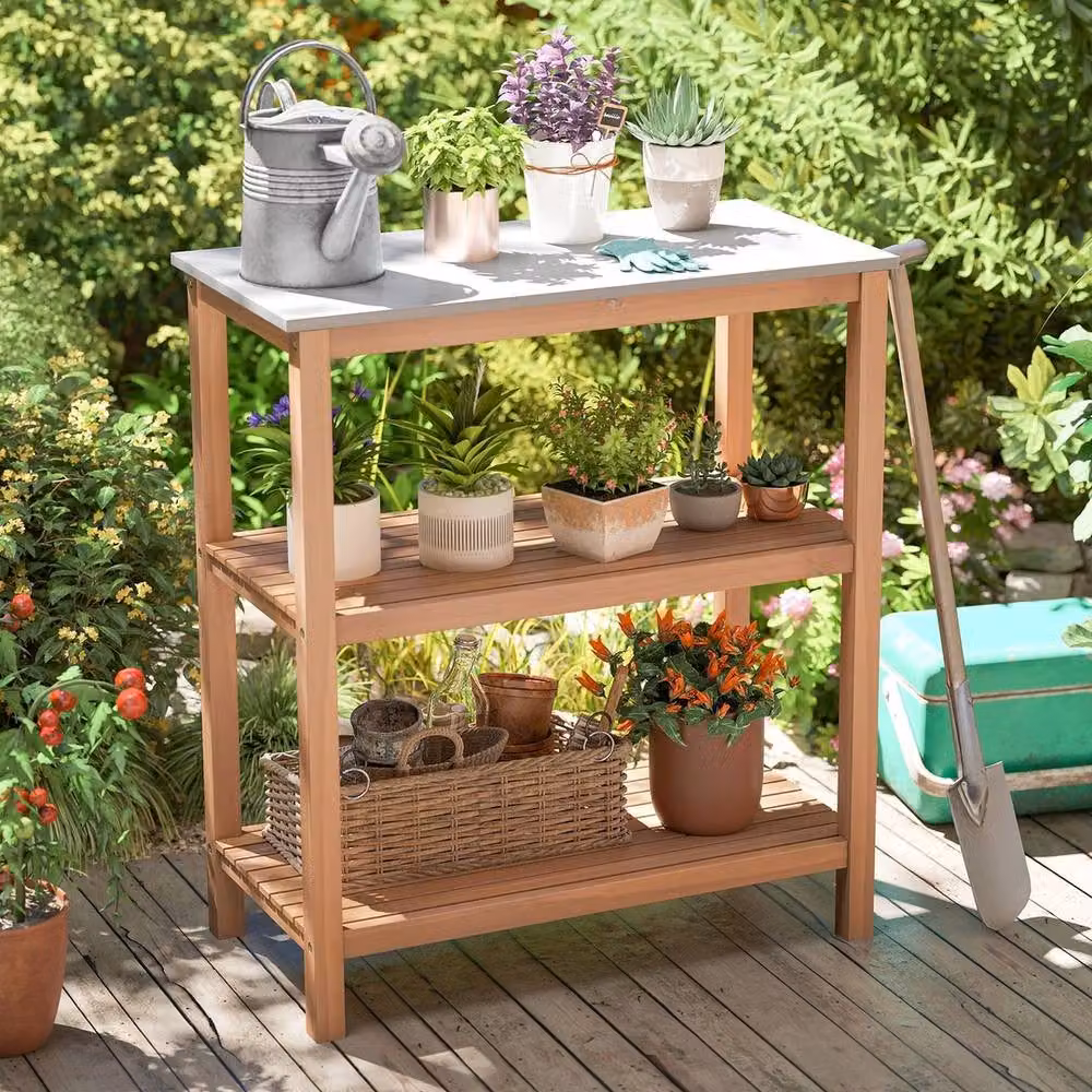 NESTLUNE Acacia Wood Outdoor Garden Potting Bench Table in White, W/D/H: 100 x 100 x 90 cm – 2