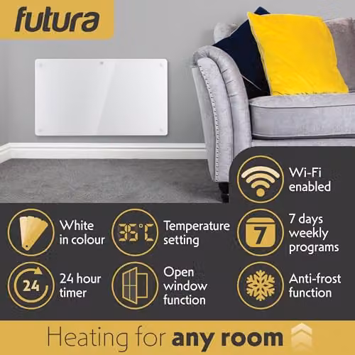 Futura 1500W WiFi Glass Panel Convector Heater, White, Wall Mounted or Freestanding – 3