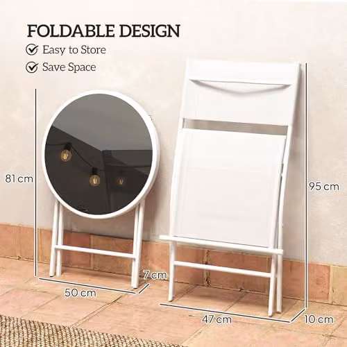 Outsunny 3 Piece Outdoor Bistro Set with Round Glass Top Table and 2 Folding Chairs in White – 3