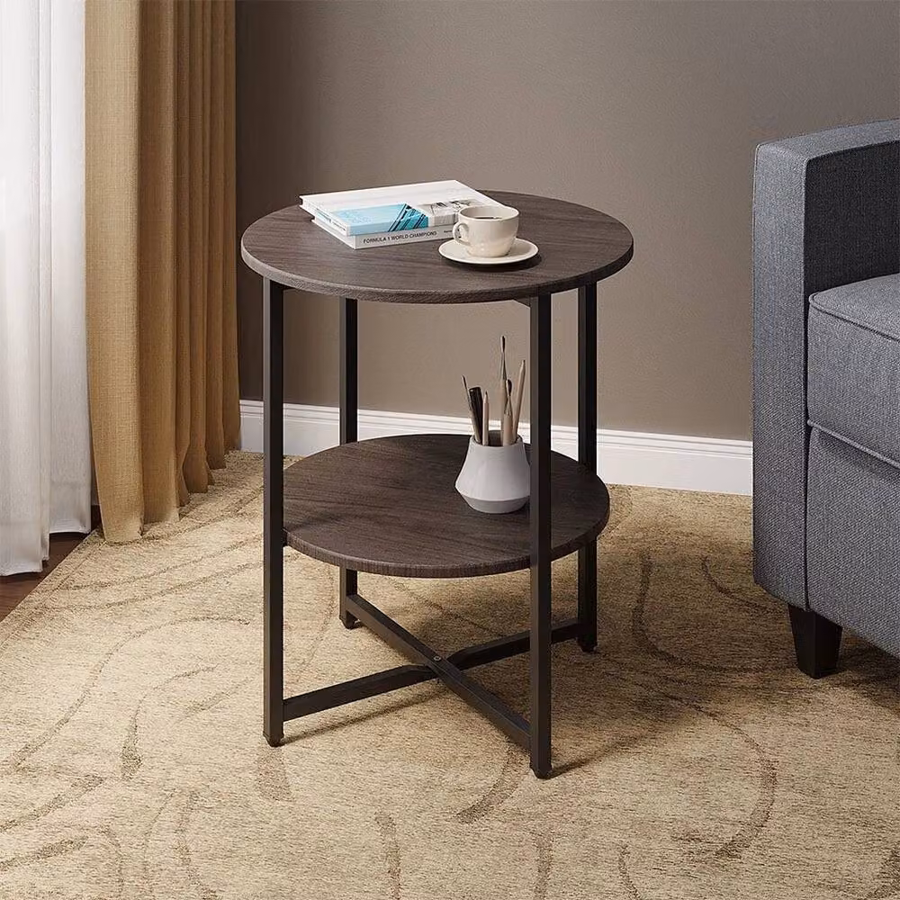 KORVIXA Small Round Wood and Metal Sofa Side Table in Brown, H 47 cm x W 40 cm x D 40 cm – 4