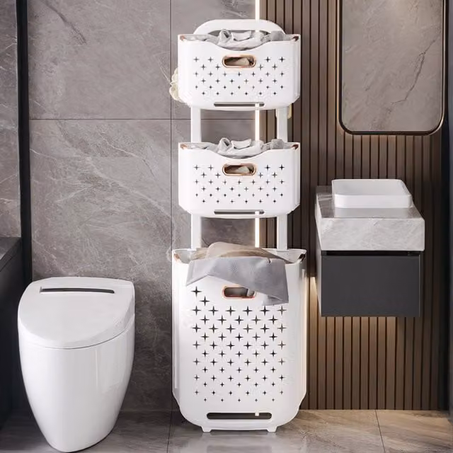 Livingandhome Foldable Multi-Layer Laundry Baskets with Wheels, White, Height: 115 cm