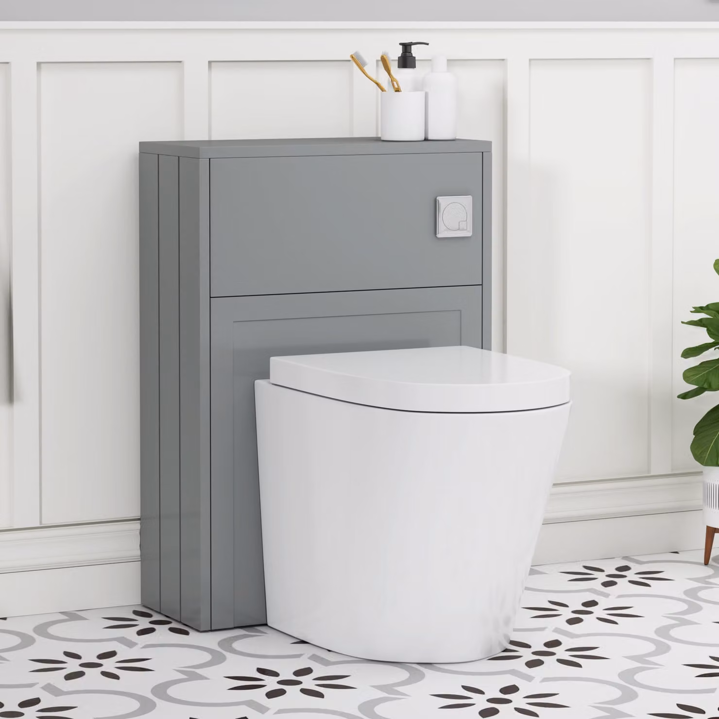 Royal Bathrooms Elmore Wall Mounted WC Unit in Matt Pebble Grey with Cesar Rimless Ceramic Toilet Pan, Seat and Cistern, Width: 55 cm