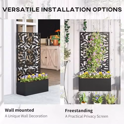 Outsunny Metal Garden Raised Bed with Trellis and Privacy Panel in Black – 4