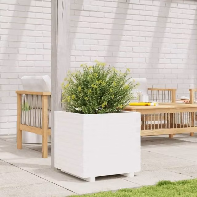 Berkfield Home Decorative Garden Planter Tub, White, W/D/H: 50 x 50 x 49.5 cm, Solid Wood