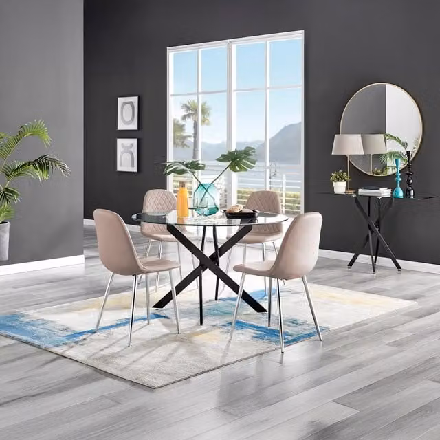 FurnitureboxUK Novara Round Glass Dining Table with 4 Corona Silver Chairs in Cappuccino, W: 120 cm