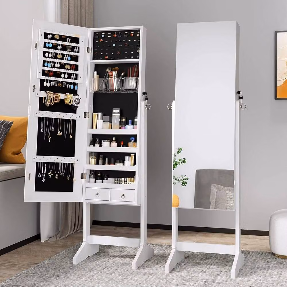 PAWNORA White Glossy Full Length Mirror Jewelry Cabinet with Internal Shelves – 3