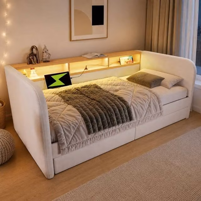 STILVORA Modern Upholstered Single Daybed in Beige with Drawers, LED Lighting and USB Charging Port, W/D/H: 90 x 200 cm – 1