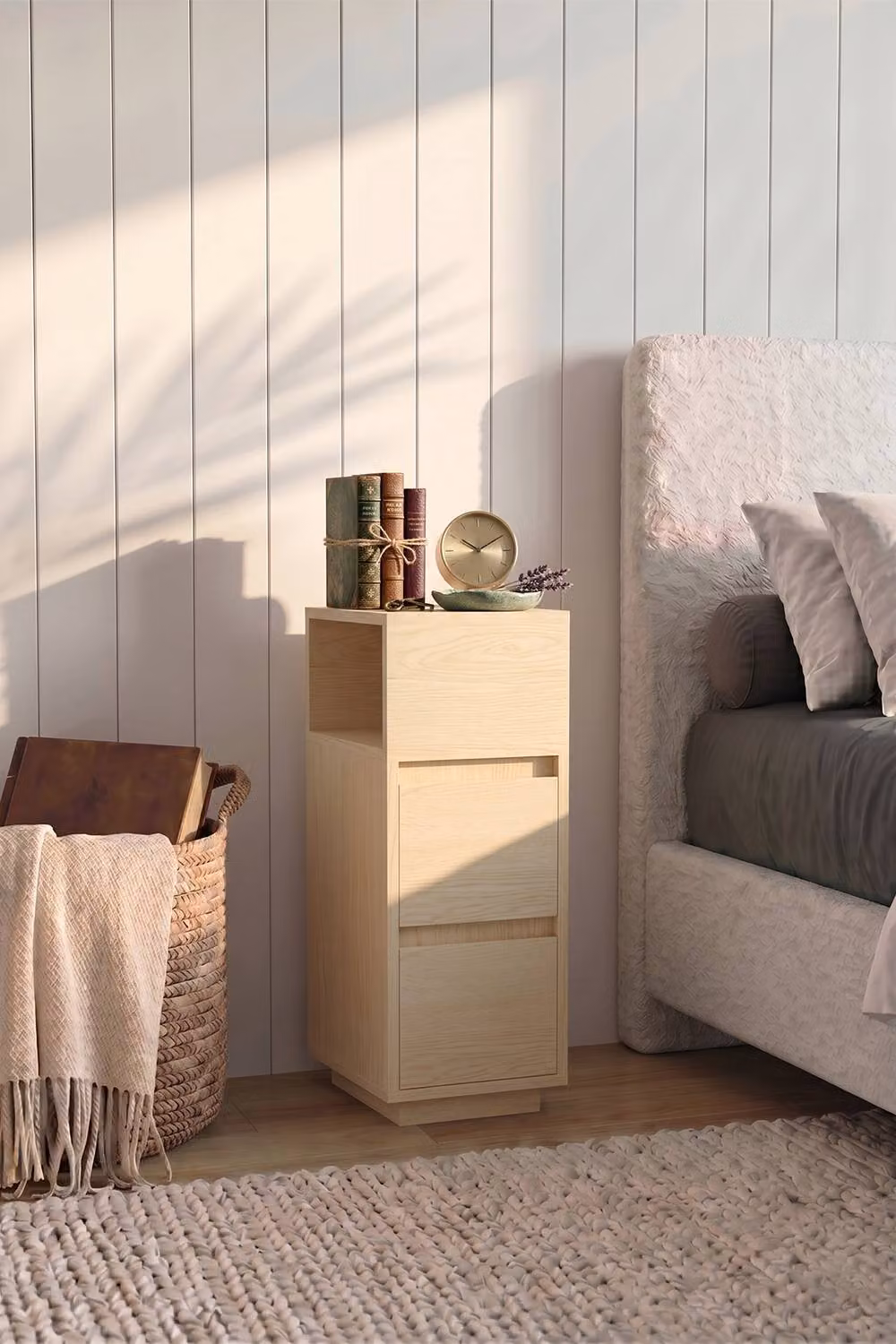 Living and Home Minimalist Bedside Table with Drawers in Sand Beige – 2