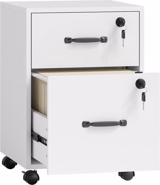 HOMCOM Rolling File Cabinet with 2 Drawers and Lock, White Mobile Filing Cabinet for Letter Sized Documents