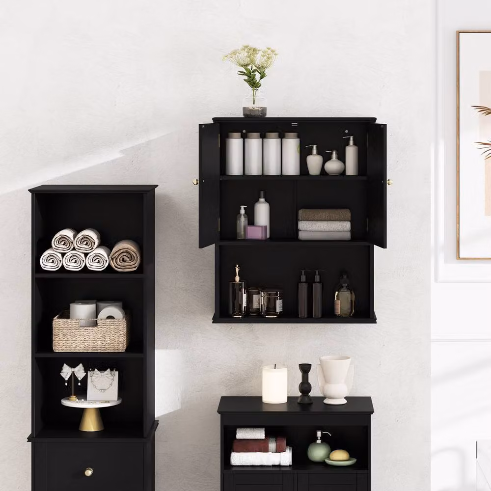 Costway Black Wooden Wall Mounted 2-Door Bathroom and Kitchen Medicine Cabinet with Internal Shelves – 4