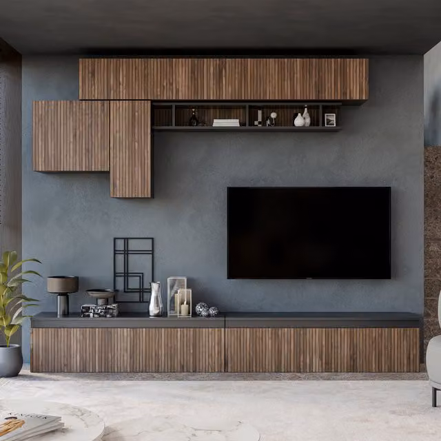 Decorotika Cascais Wall Mounted Entertainment Center in Black and Brown Oak Wood with Geometric Alina Pattern