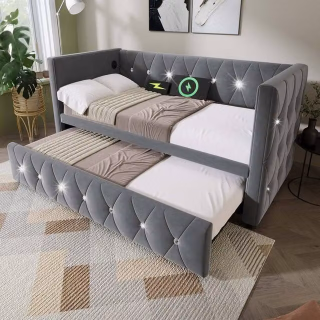 STILVORA Grey Velvet Single Daybed with Pull-Out Trundle and USB Charging Port, W/D/H: 90 x 190 cm