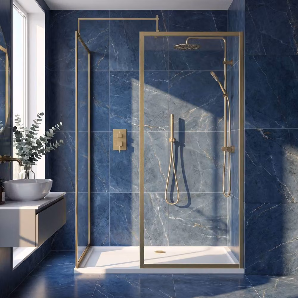 Balterley Framed Walk-In Wetroom Bundle with Rectangular Tray and Fixed Glass in Brushed Brass Gold, W: 1400 mm, D: 700 mm – 2