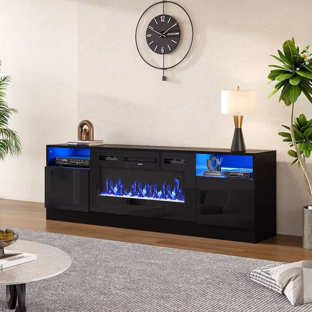 FORGEVIO Modern High Gloss Black TV Stand Cabinet with Electric Fireplace – 2