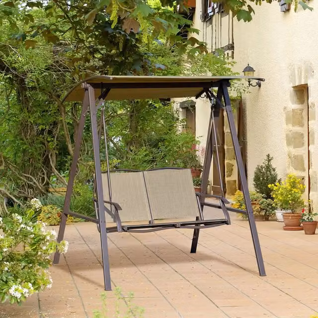 Outsunny 2 Seater Garden Swing Chair with Adjustable Sun Canopy and Armrests, Brown