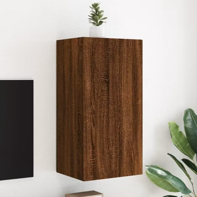 Berkfield Home Modern Wall Mounted TV Cabinet with Integrated LED Lights in Brown Oak, W/D/H: 40.5 x 35 x 80 cm