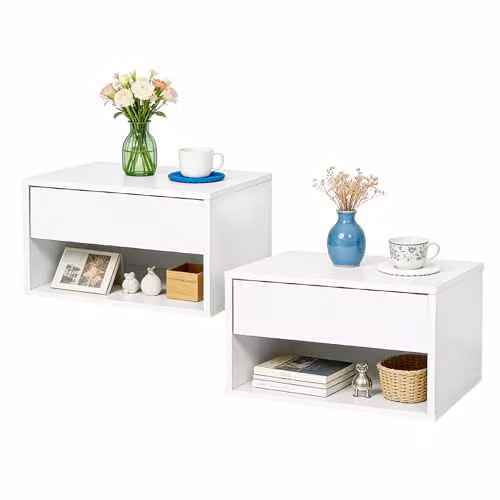Levede Set of 2 Floating Bedside Tables, Wall Mounted White Nightstands with Drawer and Open Shelf, W/D/H: 37 x 32 x 21 cm – 1