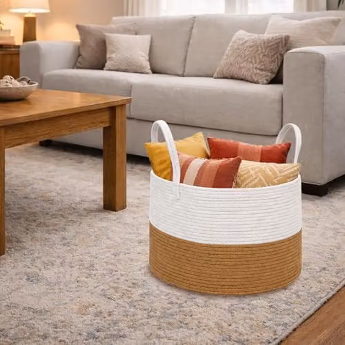 Libbi Lou Cotton Rope Storage Basket with Handles, Collapsible, Two-Tone Beige and Brown, W: 40 cm, D: 25 cm, H: 25 cm – 3