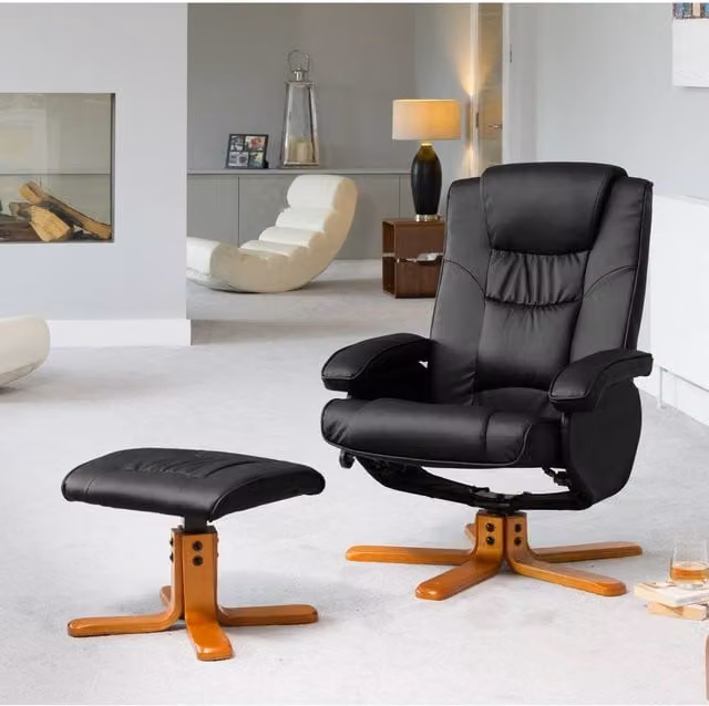 Artemis Home Severn Swivel Recliner Chair and Ottoman in Black Synthetic Leather