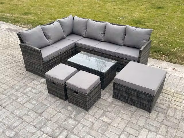 Fimous 9 Seater Rattan Lounge Corner Sofa Set in Dark Grey with Coffee Table and 3 Footstools