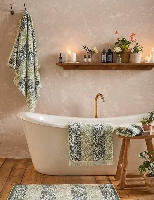 William Morris Art Nouveau Striped Floral Cotton Towel in Green Mix