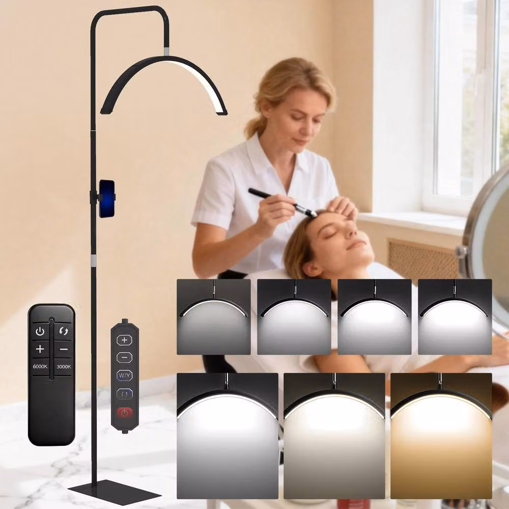 HOMCOM Black Half Moon Lash Light, Dimmable and Height Adjustable Beauty Floor Lamp with Remote Control – 2