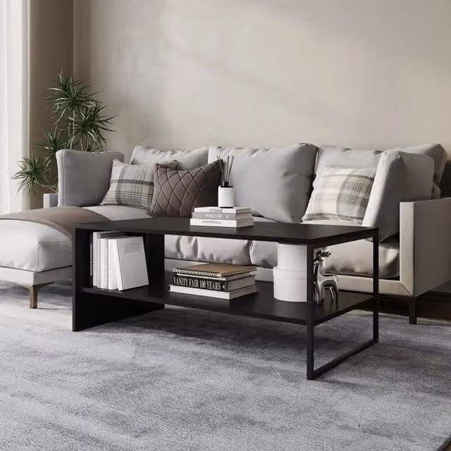 EONLION Black Wooden Coffee Table with Steel Frame and Open Storage Shelf, W: 100 cm, D: 50 cm, H: 40 cm