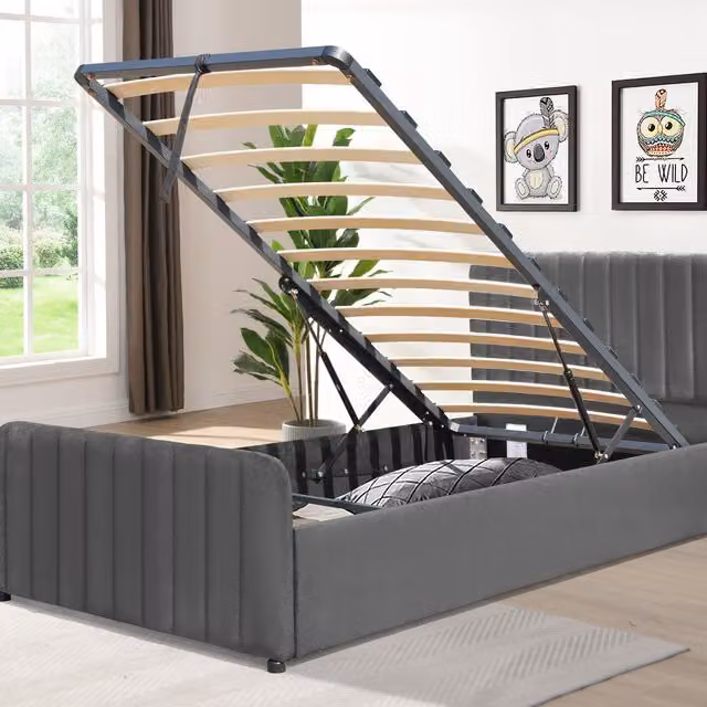 Comfy Living Gas Lift Ottoman Bedframe in Dark Grey Brushed Velvet, Single, W/D/H: 90 x 190 cm