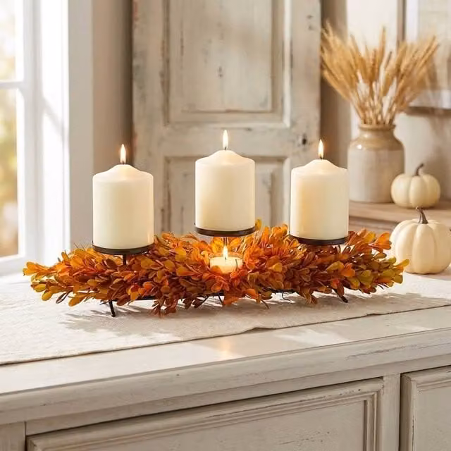 Garden Greatness Intricate Dried Autumn Leaf Pillar Candle Holder, Multicolour Brown Metal Tabletop Centrepiece