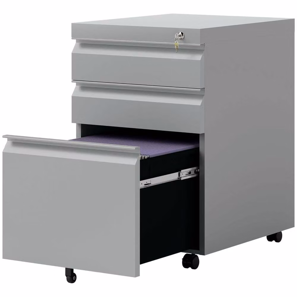 ERGOVEXA 3 Drawer Metal Filing Cabinet in Matt Grey with Lock and Castors, H: 60.0 cm, W: 39.0 cm, D: 40.0 cm – 2