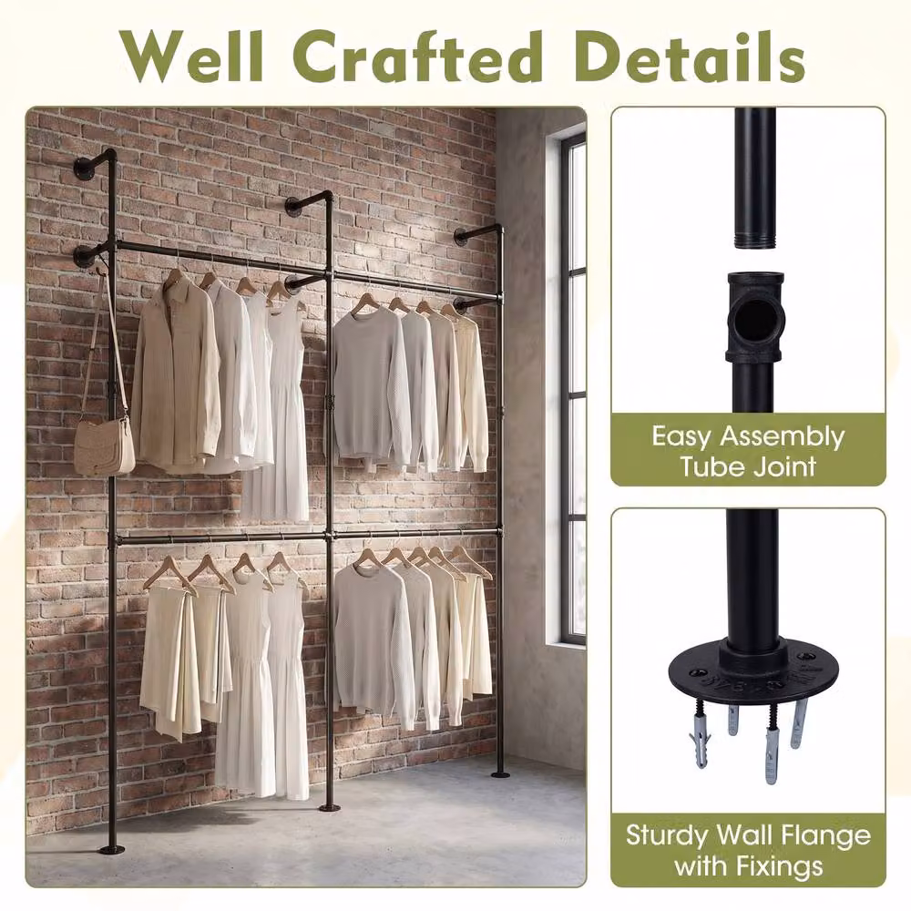Gymax Wall Mounted Industrial Pipe Clothing Rack with 4 Metal Garment Hanging Rods in Matt Black, 227 cm – 5