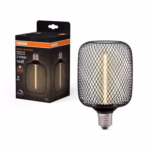 Osram Decor LED Straw Filament Square 2D Bulb, E27, 3.5W, 110lm, 1800K Warm White, Black Transparent Glass, Diameter: 100 mm – 1