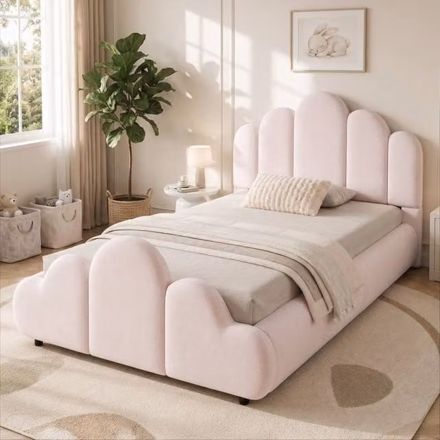 STILVORA Pink Velvet Petal-Shaped Upholstered Single Bed Frame, W/D/H: 90 x 190 cm