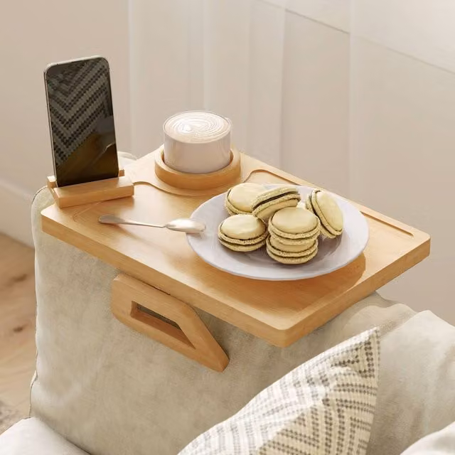 HOMCOM Anti-Slip Rotating Sofa Armrest Tray with Phone and Cup Holder in Brown or Sand